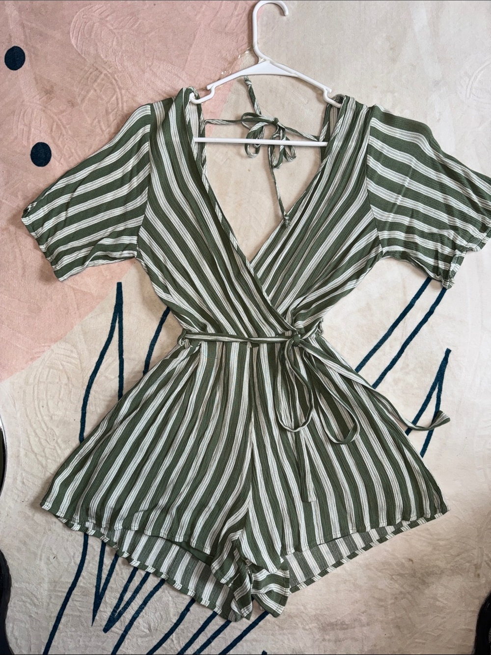 Trixxi Green and White Striped Wrap Romper with Waist Tie